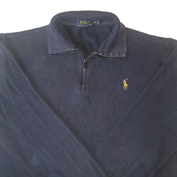 Polo Ralph Lauren Shirt Mens Medium Long Sleeve Navy Blue Pullover 1/4 Zipper - Picture 1 of 16